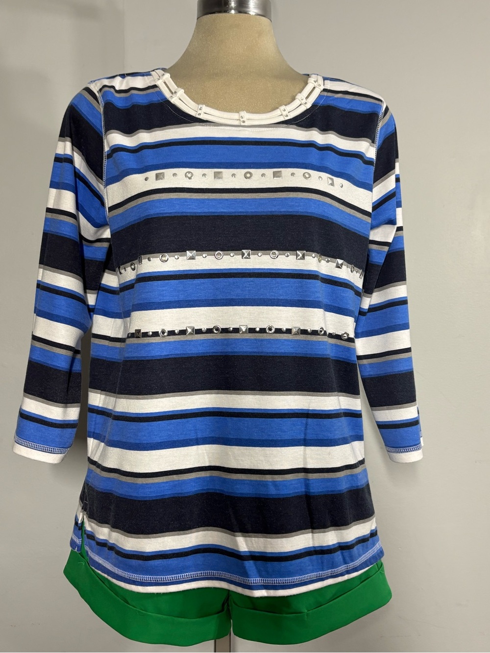 Striped Jewel-Accent Crewneck Top - Blue/White/Black